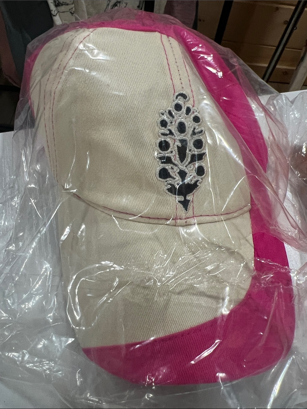 Women’s Pink & Cream Baseball Cap with Embroidered Motif